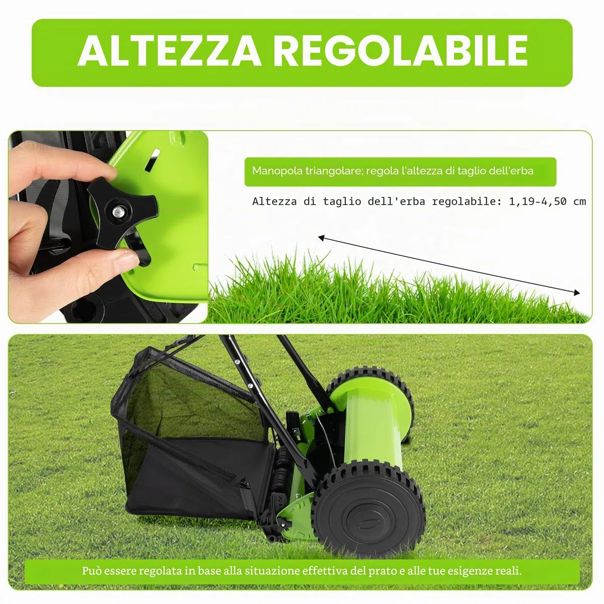 Tagliaerba manuale con larghezza di taglio di 300 mm, tosaerba con 5 lame, 23 l, capacità massima di 12-45 mm, altezza di taglio regolabile