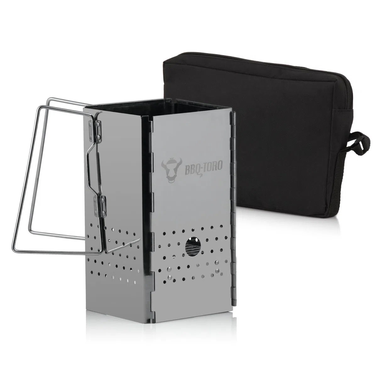 BBQ-Toro Caminetto di accensione pieghevole in acciaio inox con manici | 16 x 16 x 29 cm | Caminetto pieghevole con borsa per barbecue, campeggio, giardino, festival | Accessori per griglia