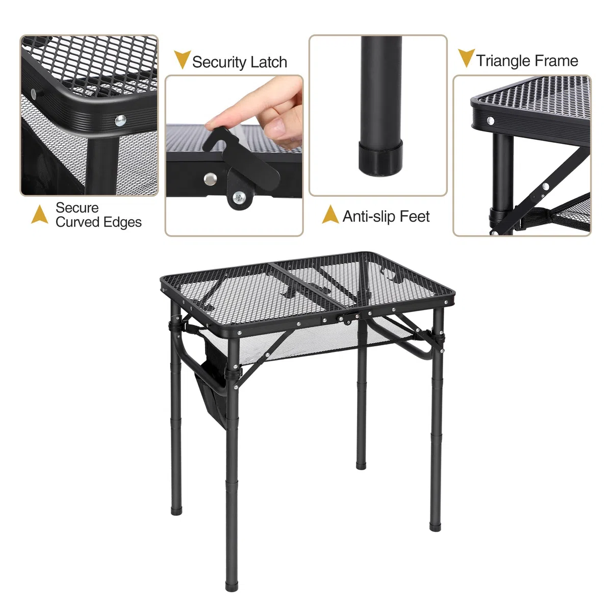 REDCAMP Tavolo da barbecue portatile con scrivania in rete, 60 x 40cm Tavolo da campeggio pieghevole leggero per cucinare in campeggio BBQ RV Picnic, facile da montare con scavate regolabili, nero