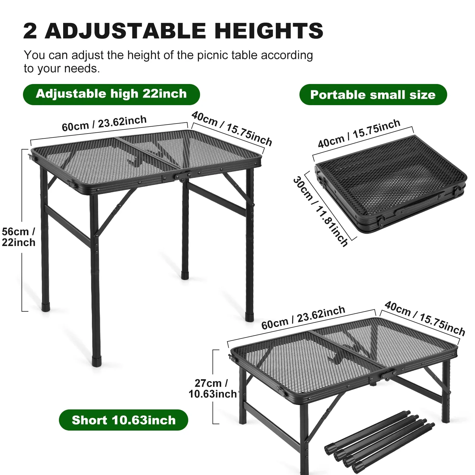 Odoland Tavolo Pieghevole Salvaspazio 60x40x56 cm, Tavolo da Picnic con Maniglia di Trasporto, Tavolino da Campeggio Portatile Ultraleggero, Tavolo per Giardino Viaggio Picnic Campeggio