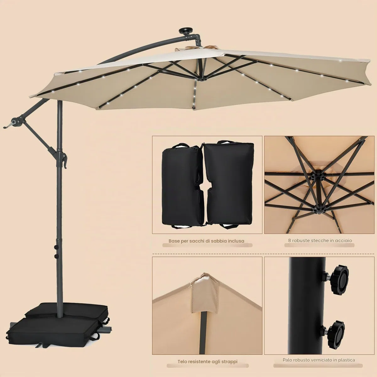 KOMFOTTEU Ombrellone da Giardino con LED e Pannello Solare, Ombrellone Parasole con Sacchi di Sabbia, Anti UV, Impermeabile, Regolabile ad Angolo, Ombrellone da Giardino 3x3 con Manovella