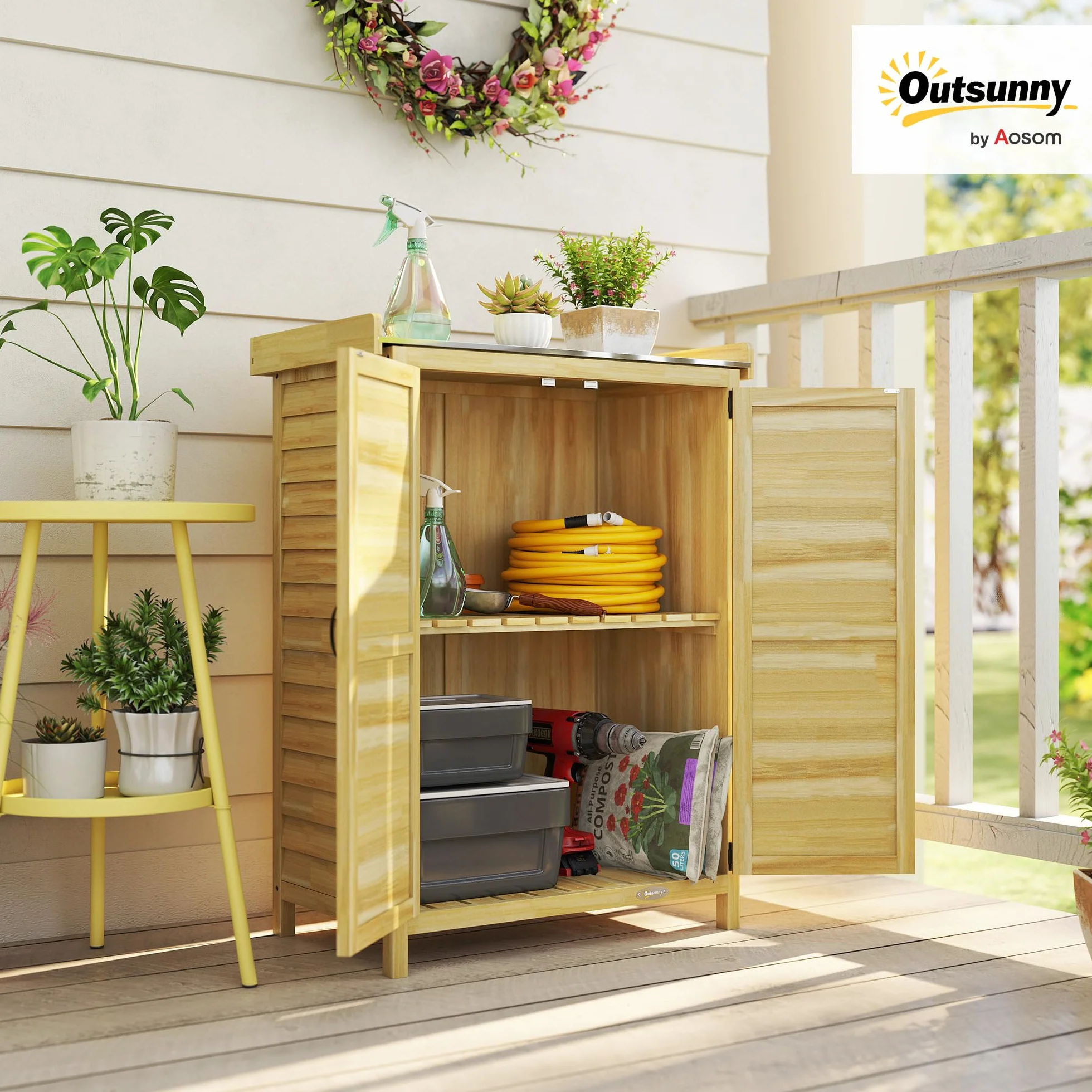 Outsunny Casetta da Giardino in Legno di Abete con Ripiani e Ganci Laterali, Armadio da Giardino con Doppia Porta e Piano di Lavoro in Acciao Zincato per Terrazza Patio, 71.5x39x95cm, Naturale