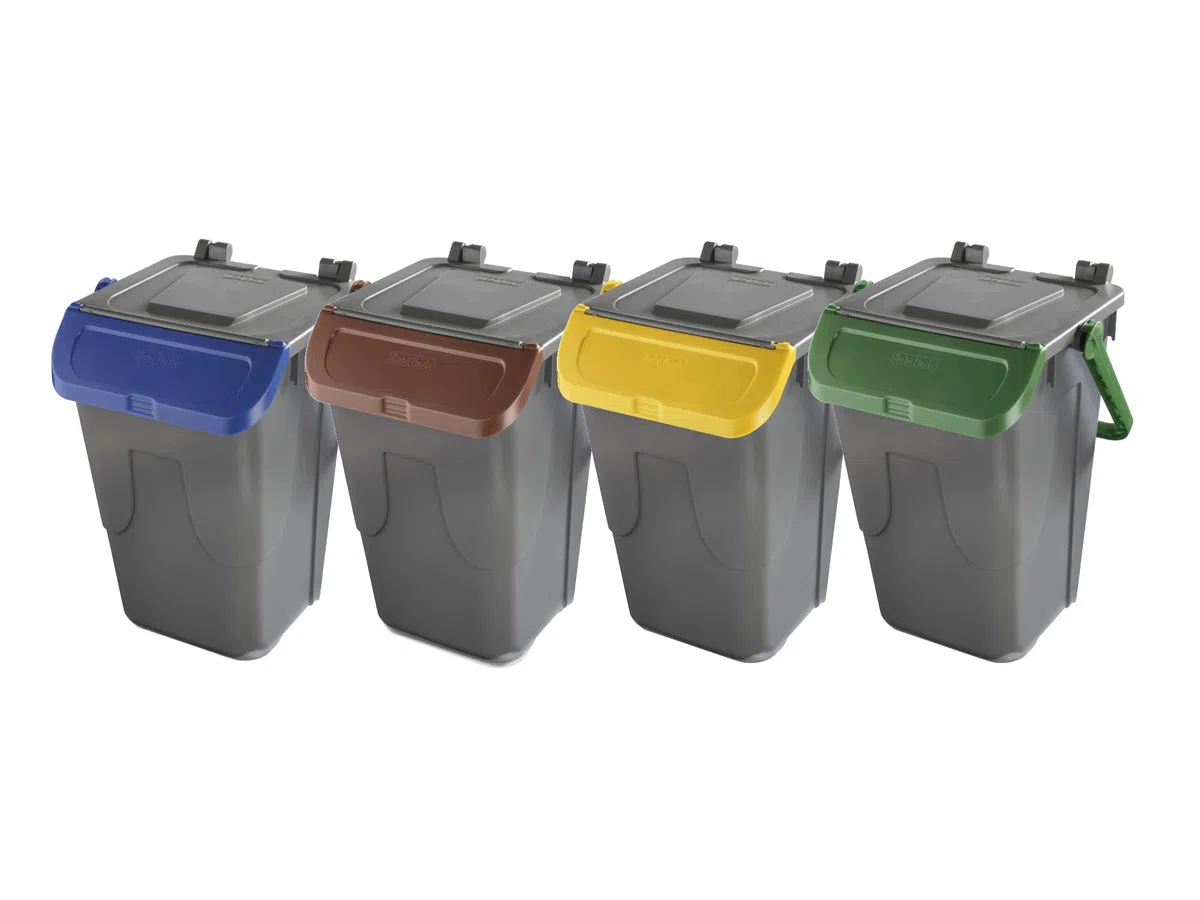 Eplastic Set 4 bidoni porta rifiuti - capacità 35 litri - bicolor con fondo grigio e coperchi con sportelli basculanti colorati (blu, giallo, marrone e verde) per raccolta differenziata