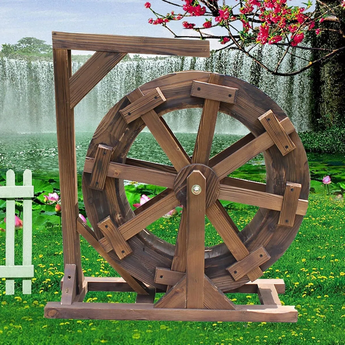 Fontana in legno a forma di ruota idraulica decorativa per esterni, giardino, patio, cortile, stagno, balcone, rustico, ornamentale