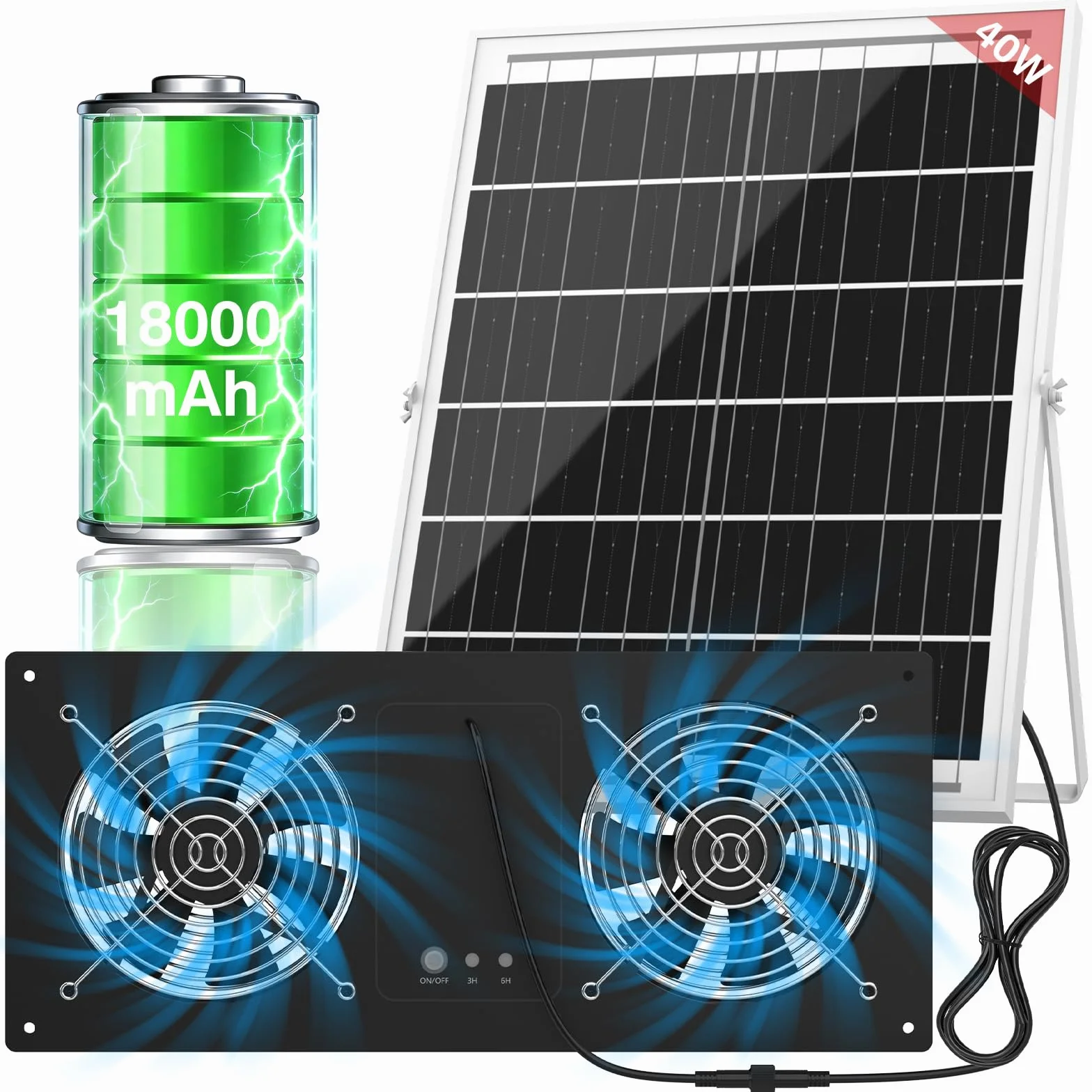 Ventilatore solare con batteria da 18000 mAh e timer, 40 W, 3500 giri/min, ventola di scarico solare ad alta velocità, silenziosa e impermeabile, per pollaio, serra, capanno e casa di animali