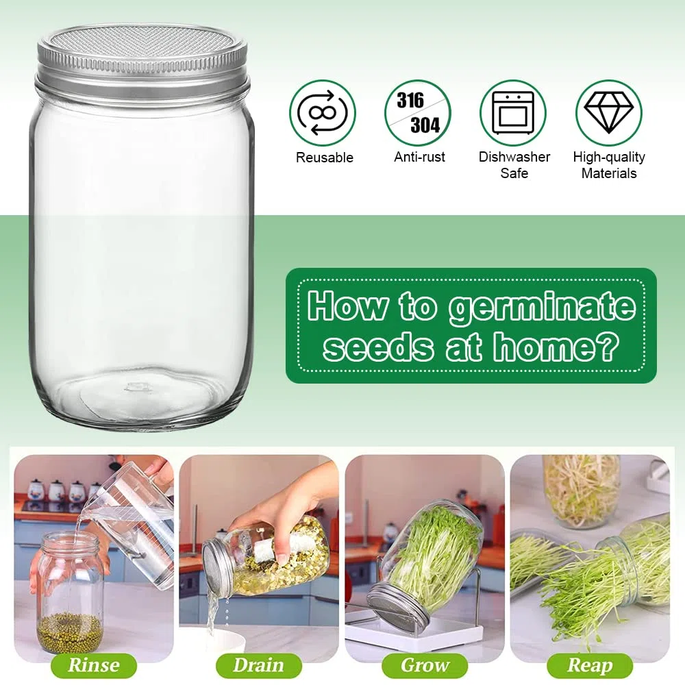 REFORUNG 2 Pz Germogliatore Barattolo Vetro Vasetti di Germogli Barattolo da 950ml Coltivare Germogli in Barattolo con 1 Ciotola 2 Coperchio e 2 Supporti per Germinazione di Semi in Ambienti Interni