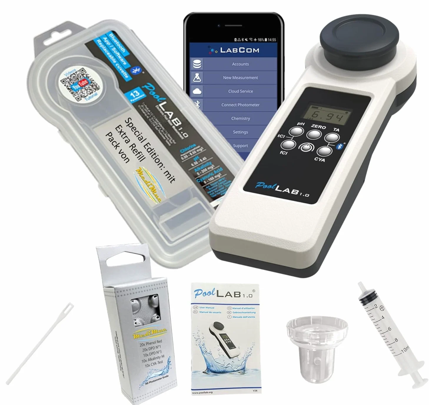 Photometro PoolLab 1.0 Special Edition 15 in 1: tester elettronico per l'acqua MediMuc - Photometro con 70 pastiglie di test + EXTRA Refillpack