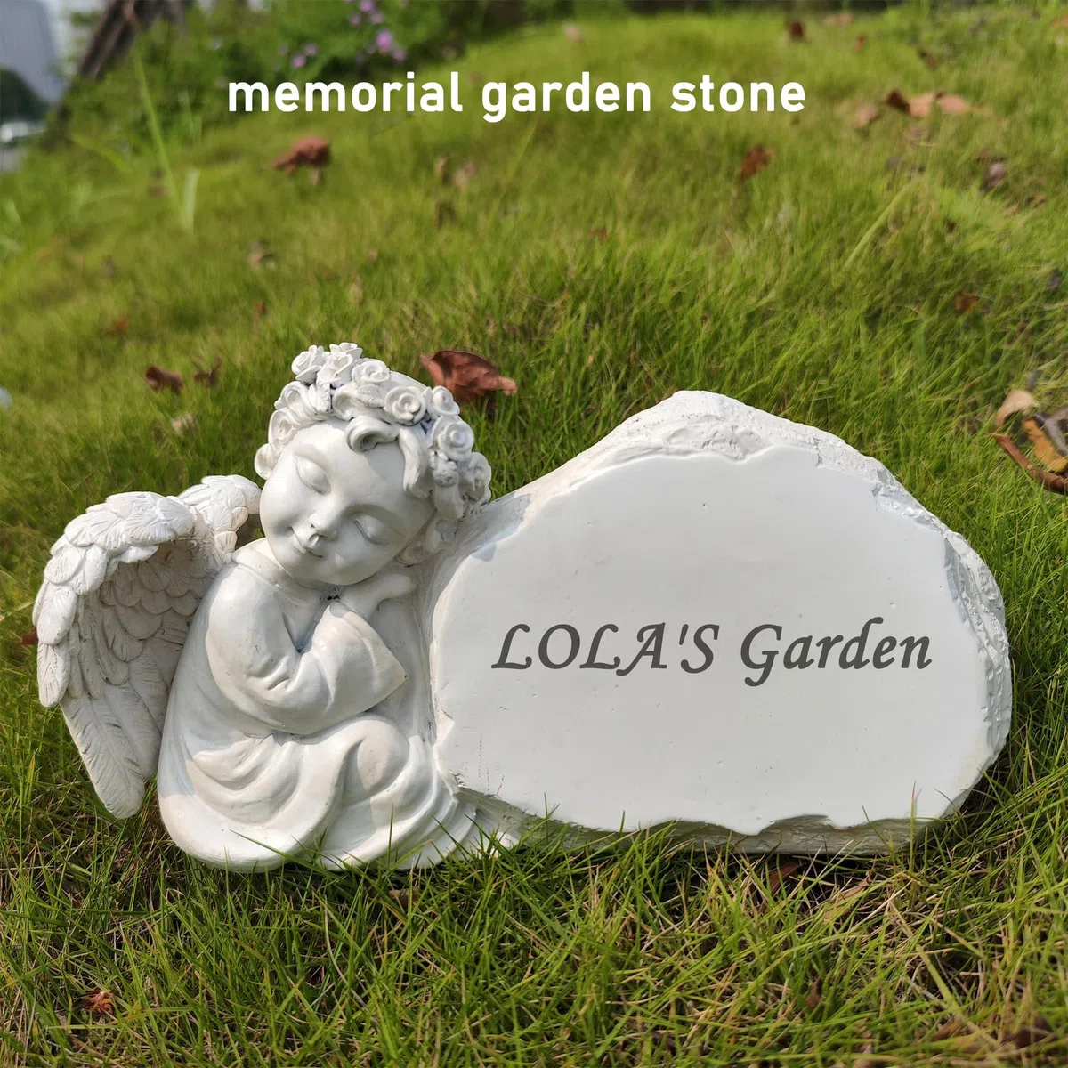 Pietre commemorative da giardino con angelo inciso con qualsiasi messaggio – Personalizzato Memorial Grave Markers Cimitero Pietre commemorative placche con statua di angelo, regali simbolici