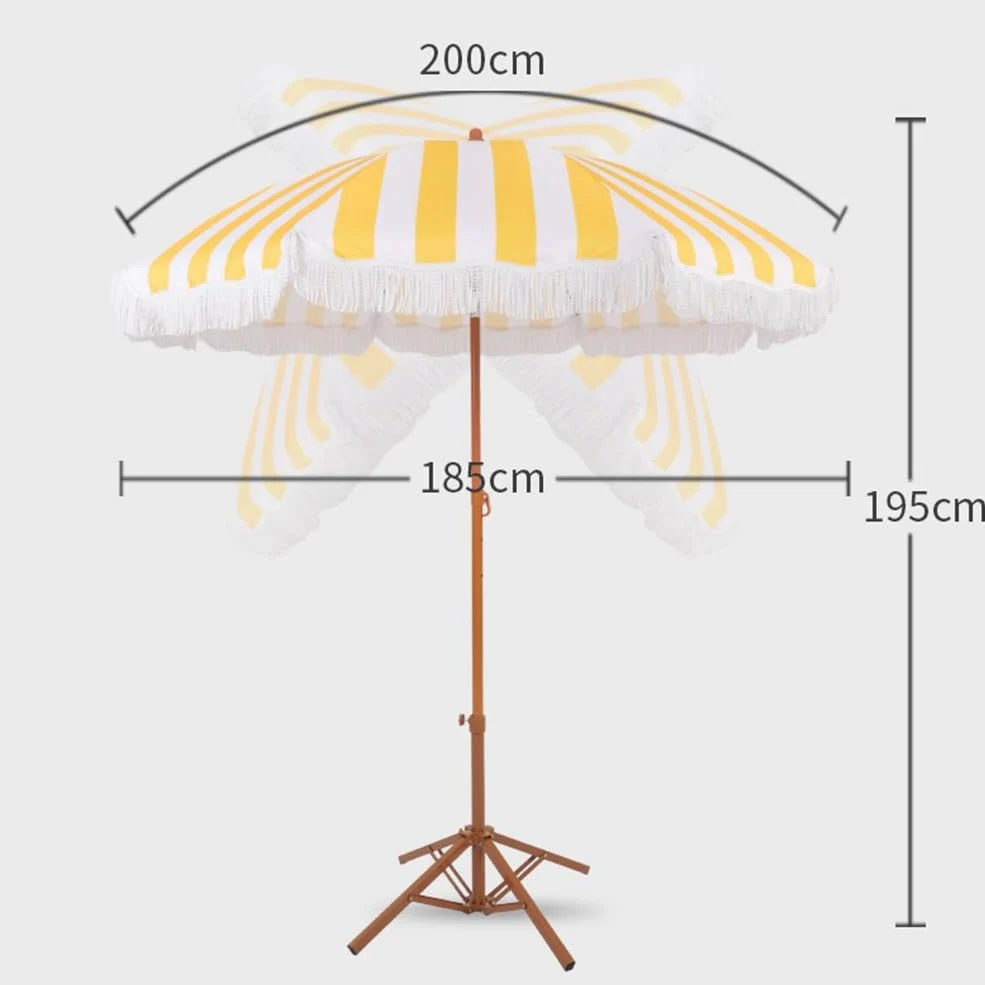 Ombrellone da Spiaggia con Frange da 200 cm, Strisce Gialle e Bianche, Inclinabile, per Piscina, Prato, Giardino e Terrazza, UPF 50+
