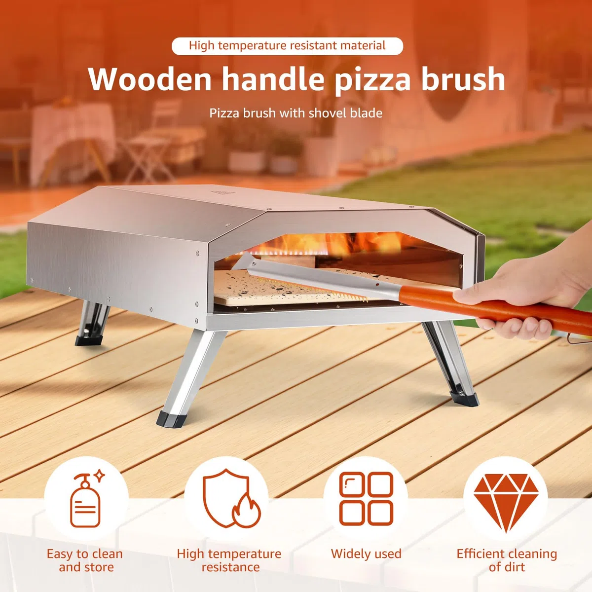 Spazzola lunga per forno per pizza, 53 cm, con raschietto in acciaio inox e setole in ottone, spazzola ignifuga, spazzola per la pulizia della pietra per pizza, spazzola in ottone per forno e pizza a