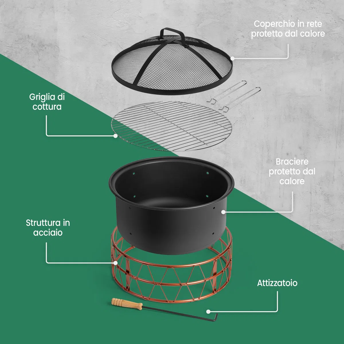 VonHaus Braciere – 2-in-1 con Griglia BBQ per esterni, giardino e patio, in acciaio nero con dettaglio rame, con attizzatoio e coperchio in rete inclusi, legna o carbone