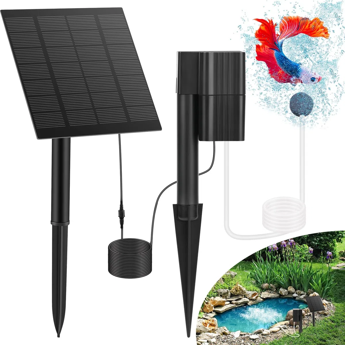 Euakee 2,5W Ossigenatore per Laghetto Solare, Aeratore Laghetto Solare, Pompa Acqua Laghetto Solare con Tubo di Ossigeno e Pietra della Bolla, Ossigeno Solare per Laghetto