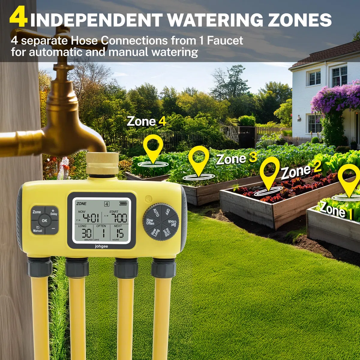 Johgee Centralina Irrigazione 4 vie, con Ingresso in Ottone, 4 Vie Timer Irrigazione Automatica Digitale Ritardo per Pioggia/Bewässerung Manuale, Programmatore Irrigazione per Prato e Giardino