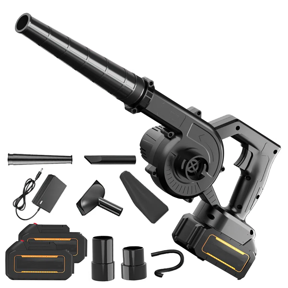 21 V - Soffiatore di foglie senza fili con batteria e caricabatterie, aspirapolvere e soffiatore da giardino, 550 W, soffiatore di foglie senza fili per soffiare foglie/neve/polvere (2 batterie, nero)