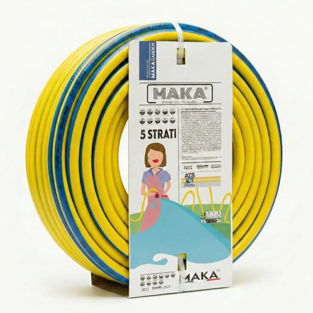 MAKA Tubo Acqua Giardino 1/2 5/8 3/4 1 Pollice 5 Strati Pressione 30 Bar Flessibile Doppio Rinforzo Tessile Retinato Magliato Antitorsione Resiste a Caldo Gelo UV 4 Stagioni (5/8 pollici, 50 metri)