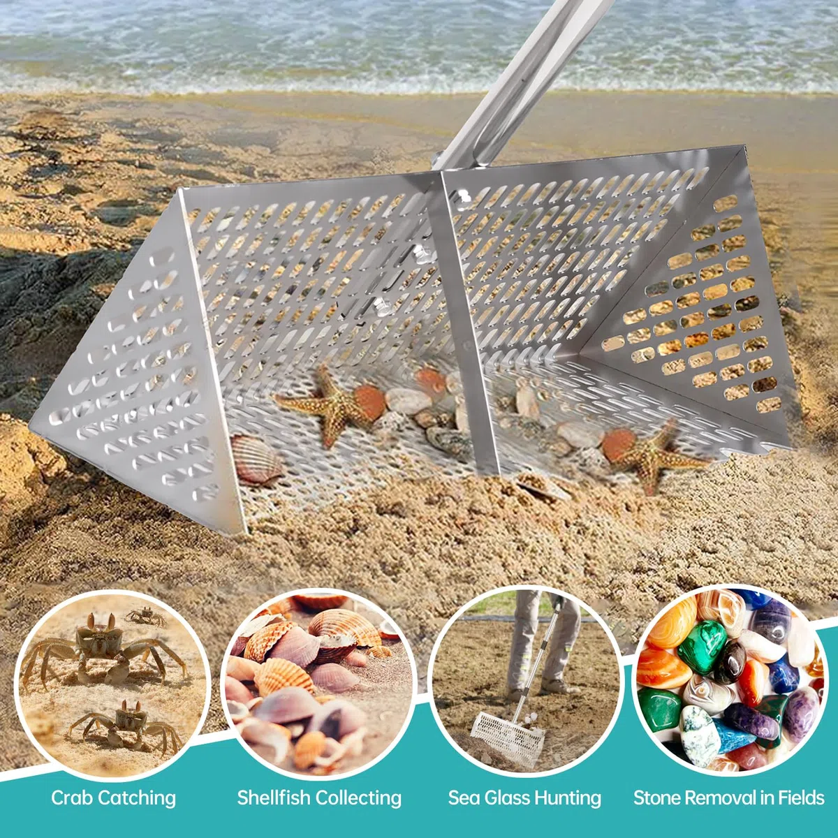 Rastrello per Sabbia 5 Sezioni Connettibili, Acciaio Antiruggine con Attrezzi di Installazione, Lunghezza Regolabile 42-174cm, Maglia 2x0.7cm, per Caccia Conchiglie Spiaggia