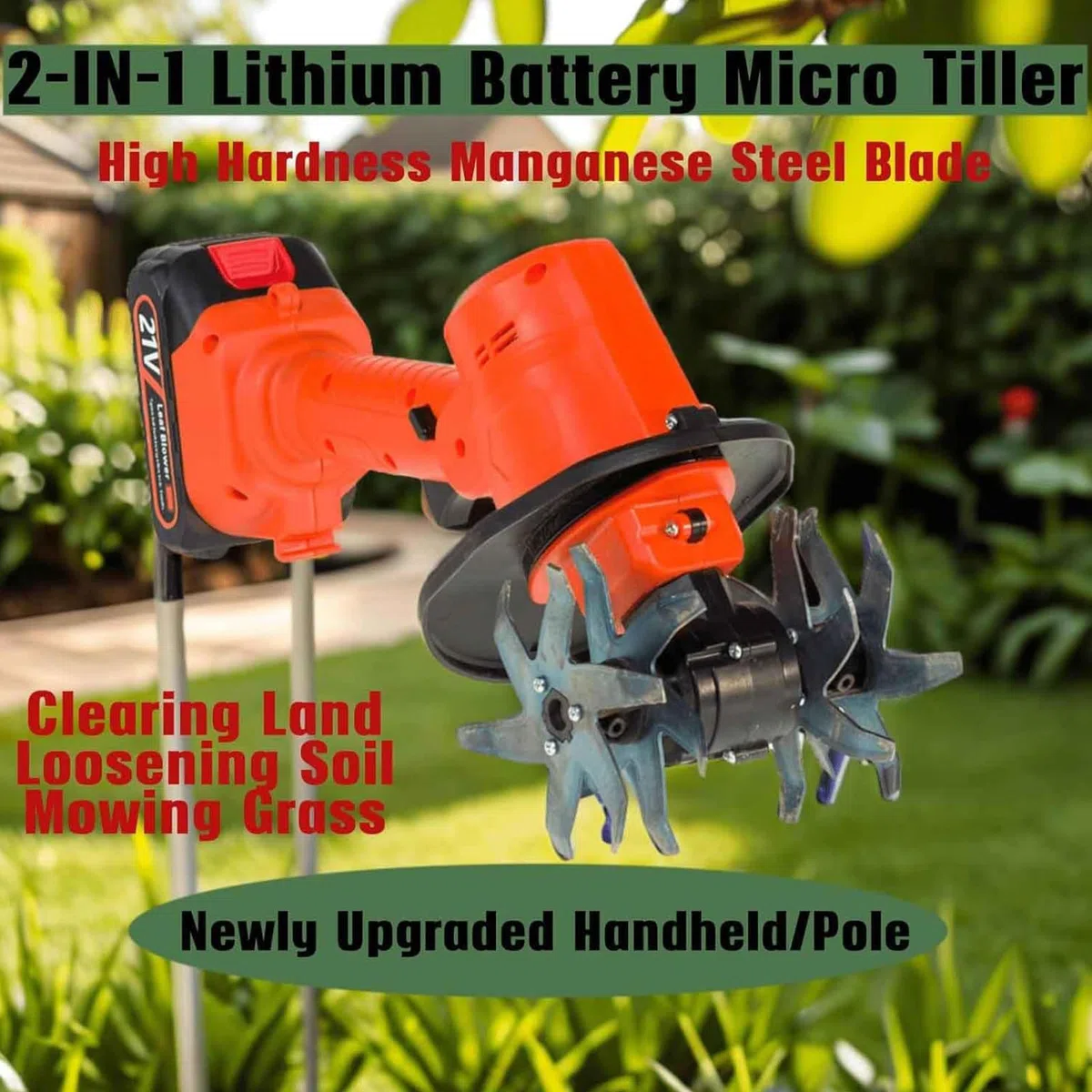 Generico Motozappa Elettrica da Giardino 21V, Mini Motozappa a Batteria con 2 Batterie, profondità di Lavorazione 10 cm, Larghezza di Lavoro 10 cm per Giardinaggio