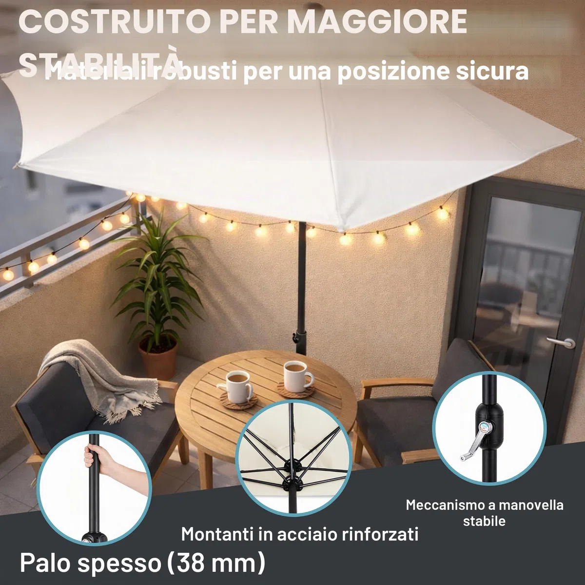 Kingsleeve Ombrellone Mezzaluna a Parete Muro Ø2,7m x 2,3m H manovella UV40+ Idrorepellente Giardino Balcone terrazza Crema