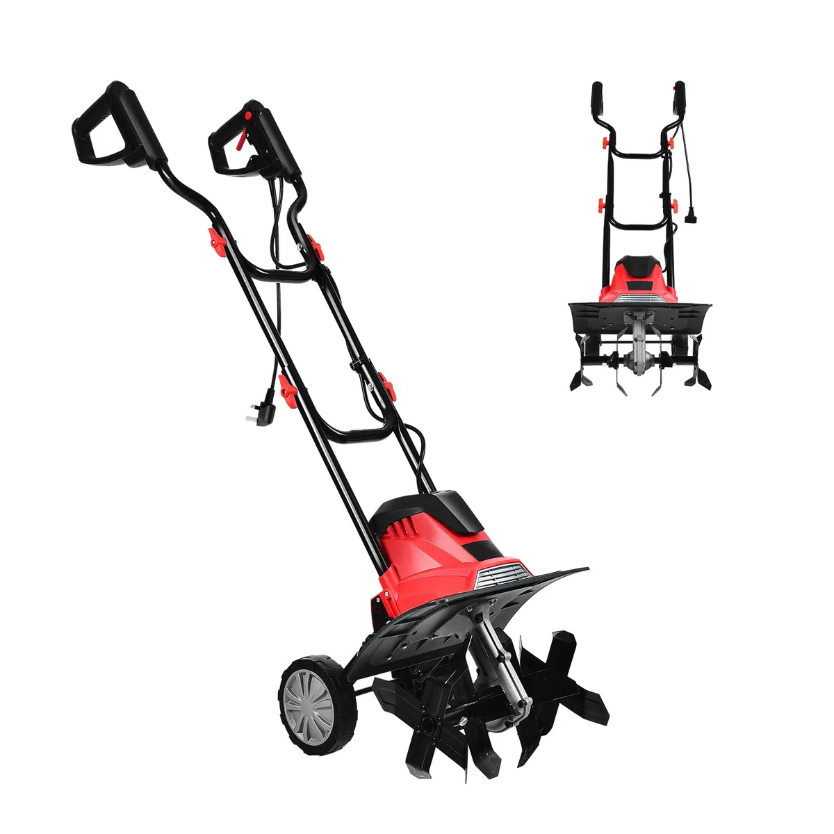 SOARS Motozappa Elettrica Pieghevole 1200W, Larghezza di Lavoro 36 cm Profondità di Lavoro 22 cm, 4 Lame, Zappatrice Elettrica per Orto e Giardino (Rosso, 36 x 40 cm, con Ruote)