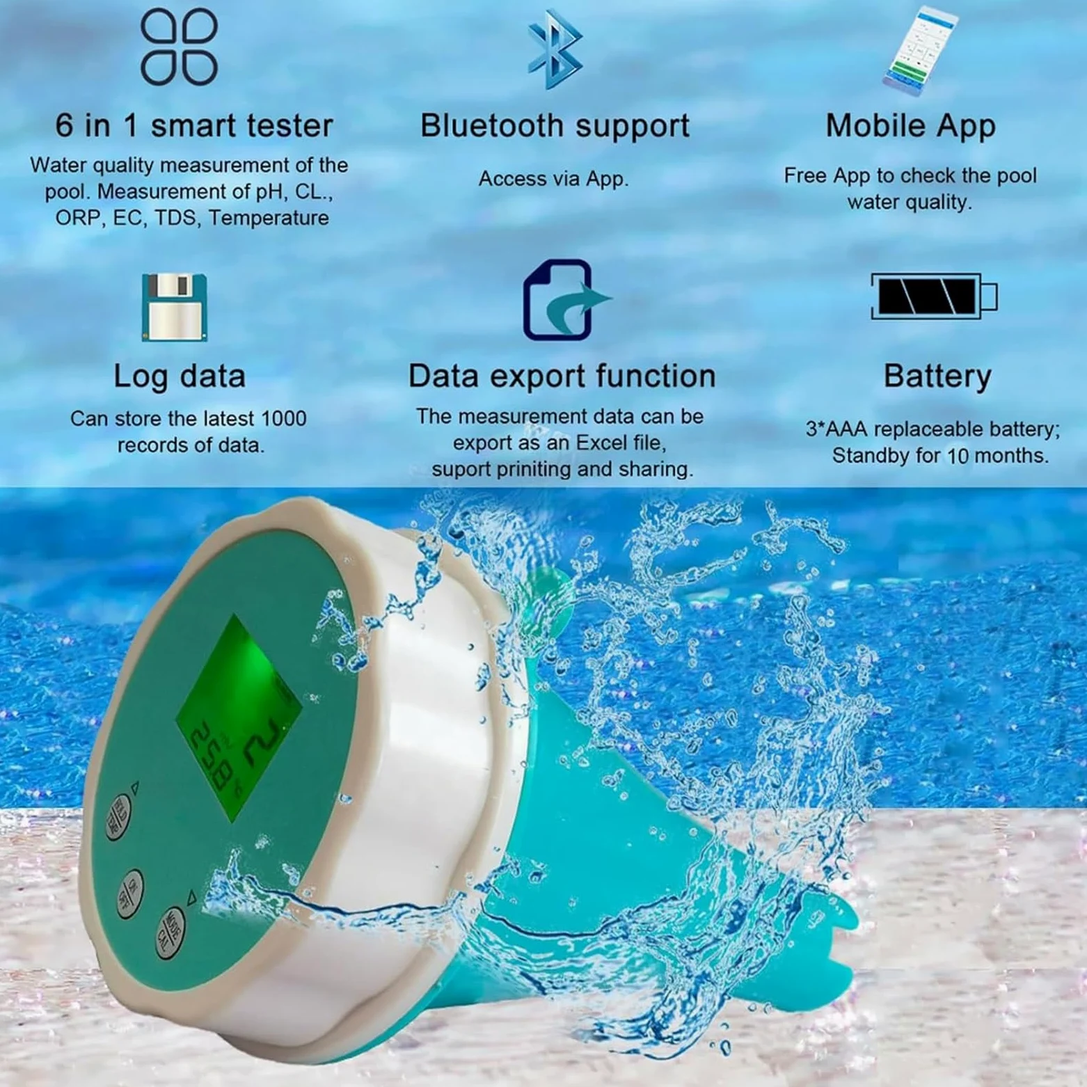 Misuratore di test dell'acqua – Tester Bluetooth per il monitoraggio del pH e del cloro in piscine, vasche idromassaggio e spa