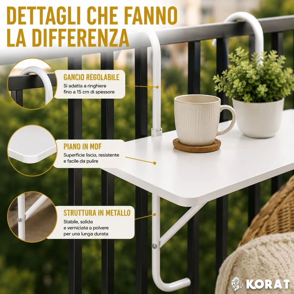 KORAT - Tavolo da Balcone Sospeso 60x40 cm, Tavolino Pieghevole da Ringhiera con Ganci Regolabili fino a 15 cm, Portata 15 kg, Tavolo Salvaspazio per Balcone, Terrazzo e Giardino