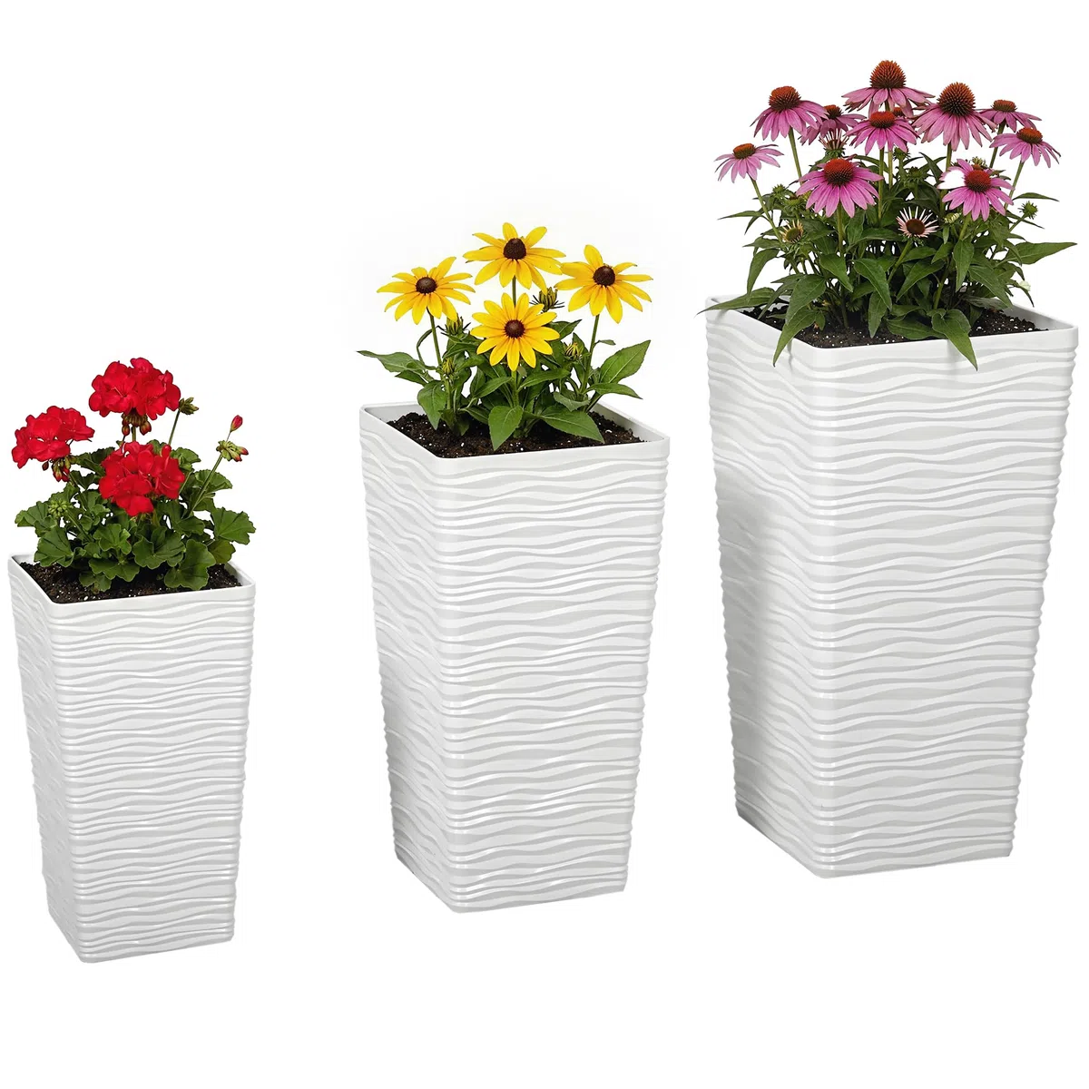 Outsunny Set di 3 Vasi da Esterno Impilabili con Motivo Ondulato, Vasi per Piante da Esterno Quadrati in Plastica per Fiori con Fori di Drenaggio, 42/55/65 cm, Bianco