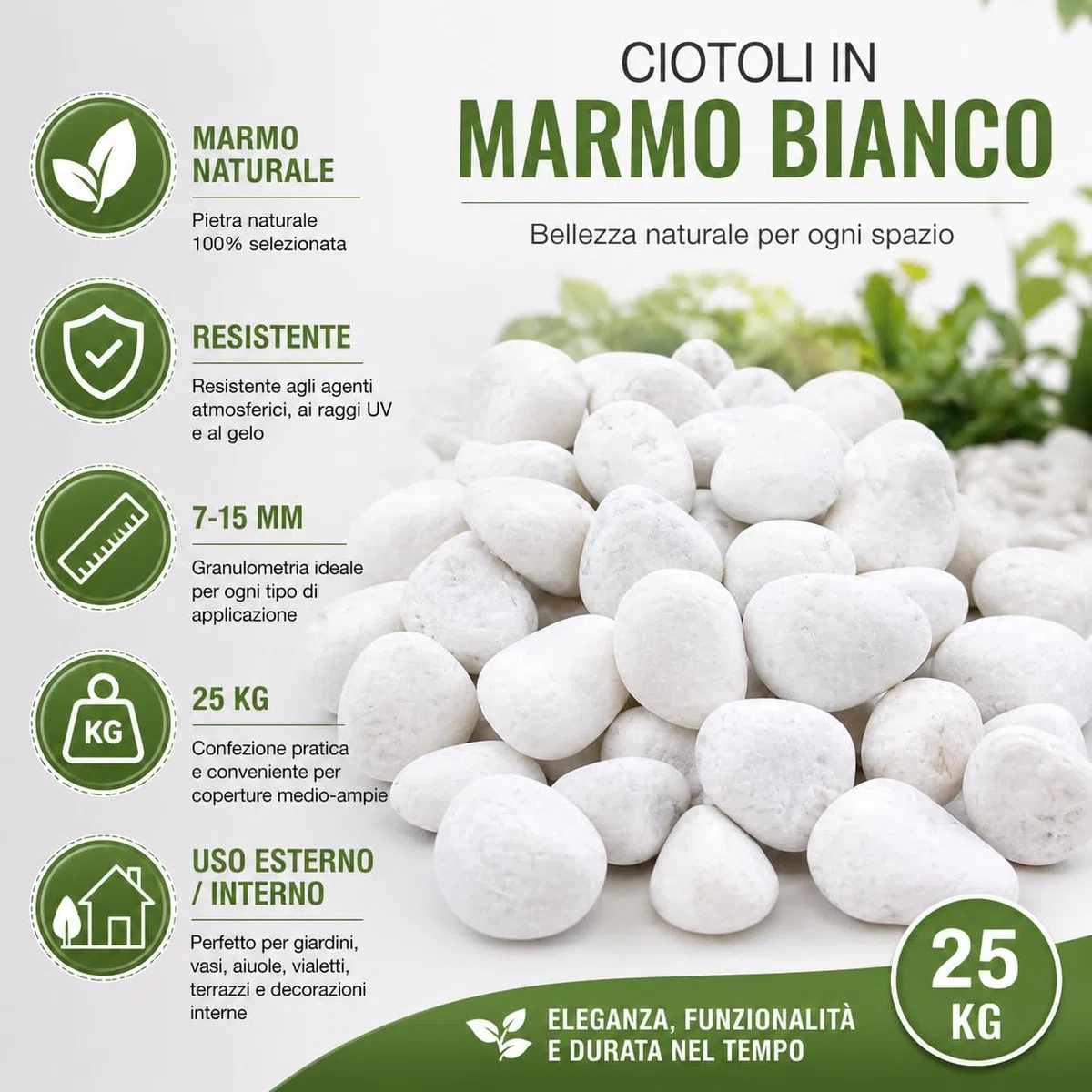Sassi da giardino marmo bianco 7/15 mm ciottoli decorativi naturali 25 kg pietre per giardino aiuole vasi vialetti drenanti resistenti esterno interno effetto elegante