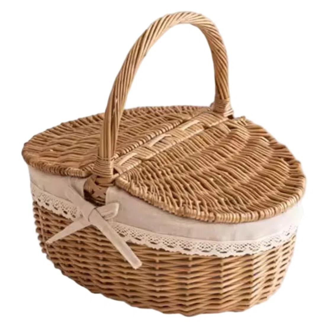 Cestino da picnic in tessuto stile vintage con coperchio e manici – Cestino da picnic in vimini per riporre la spesa campeggio, medio