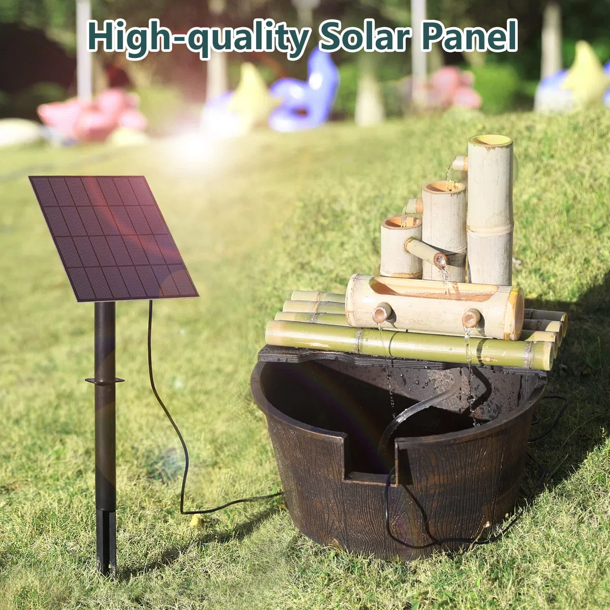AISITIN Fontana Solare da Giardino Esterno 3,5W con Picchetti da terra - Pompa ad Energia Solare con Tubo Flessibile 1,5m e 8 Effetti Ugelli Fontana Solare per Laghetto/Stagni/Vasca Uccelli/Giardino