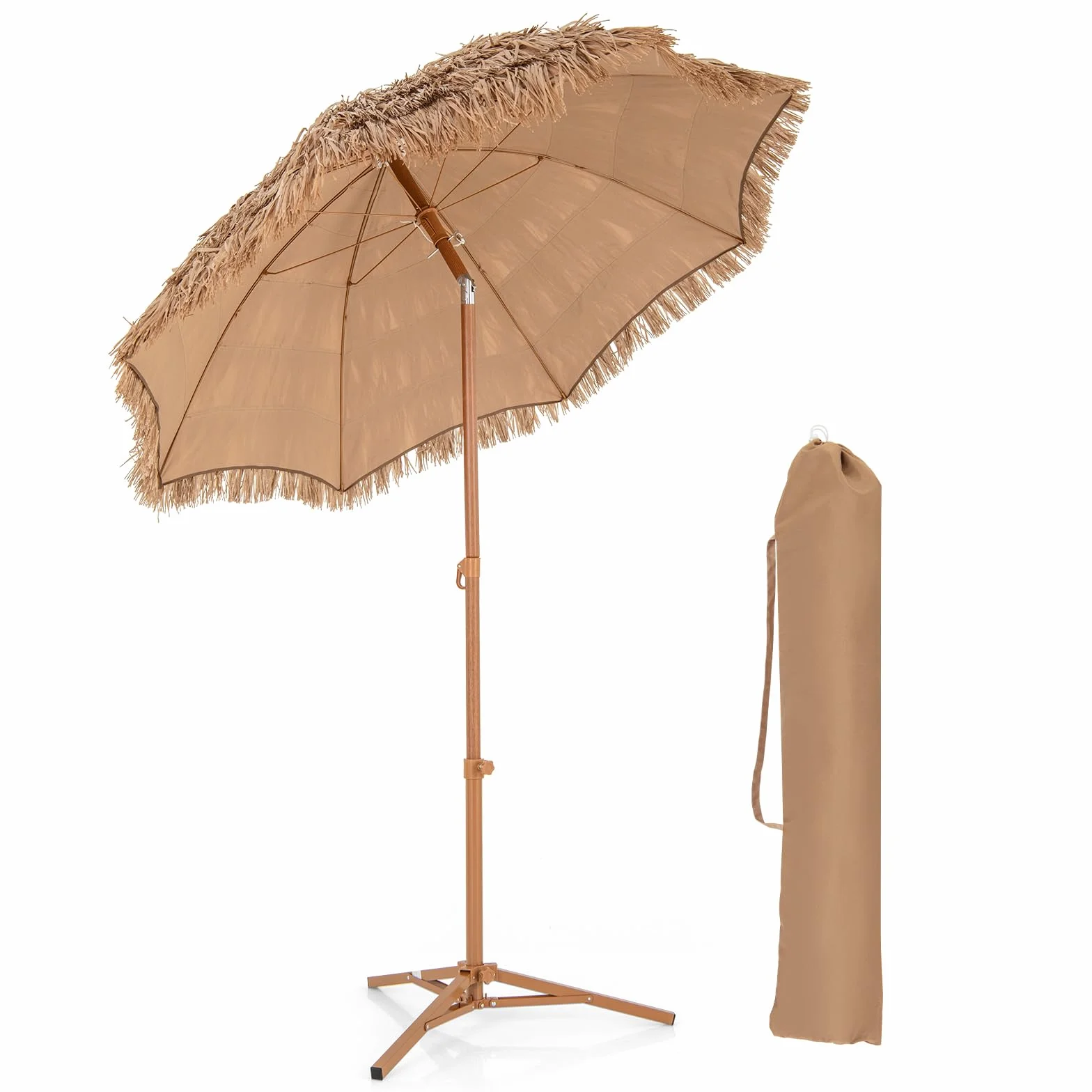 COSTWAY Ombrellone in Paglia PP da 200 cm, Ombrellone da Spiaggia Hawaiano con Inclinazione Regolabile, con Base Pieghevole, Borsa per il Trasporto, per Giardino Piscina