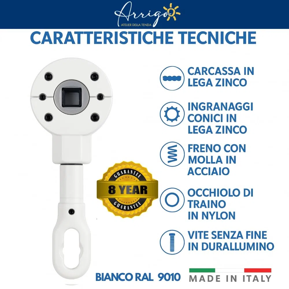Atelier Arrigo Argano Manuale per Tende da Sole | Modello Universale 3:1 e 7:1 | Movimento Manuale | Lega di Zinco Speciale | Vari Colori | Ideale per Tende a Caduta (Coppia 3:1, Bianco RAL 9010)
