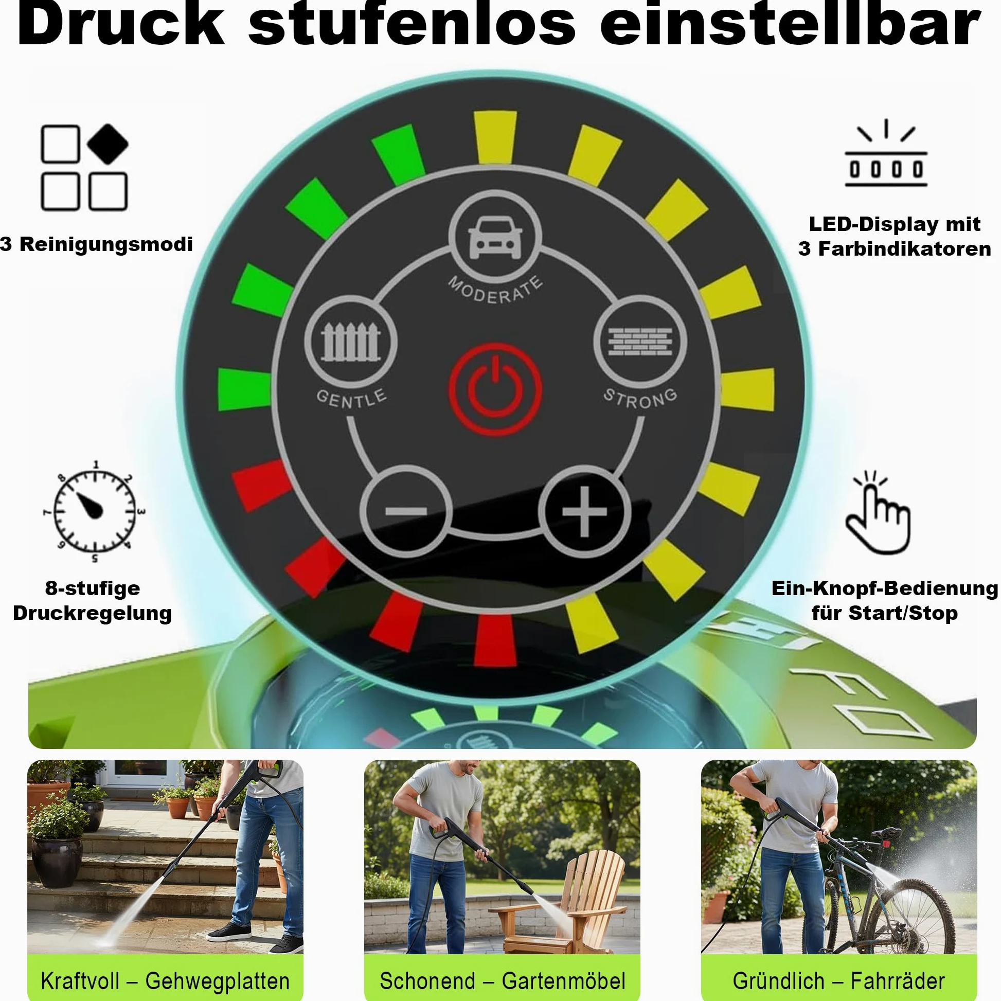 Idropulitrice ad alta pressione da 150 bar, touch screen a 8 livelli, 3 modalità, 250-420 l/h, 60 m²/h, con avvolgitubo, pistola per schiuma da 500 ml, fresa per sporco, tubo da 7 m