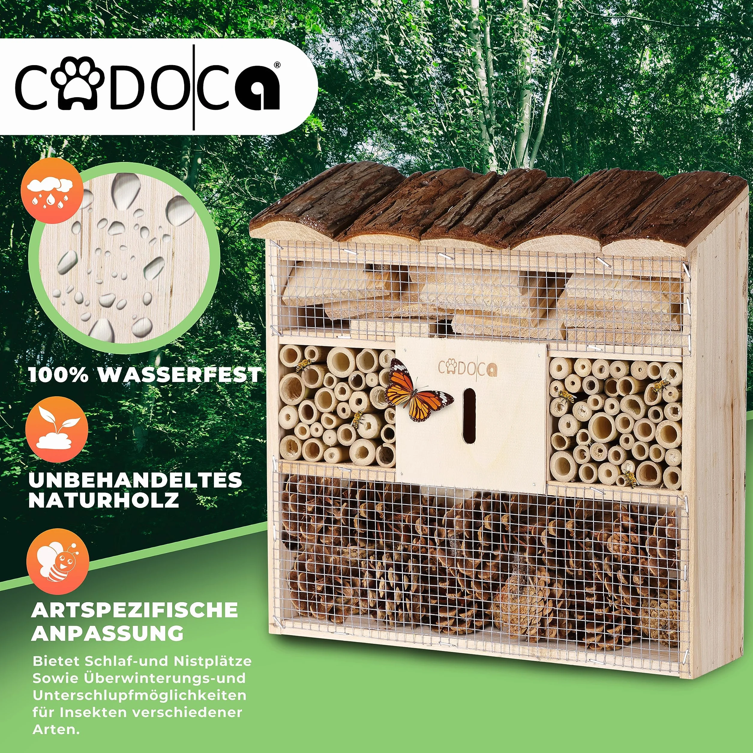 Cadoca Cassetta per insetti in legno 31x31 nidificazione hotel insetti refugio api coccinelle api vespe griglia metalica