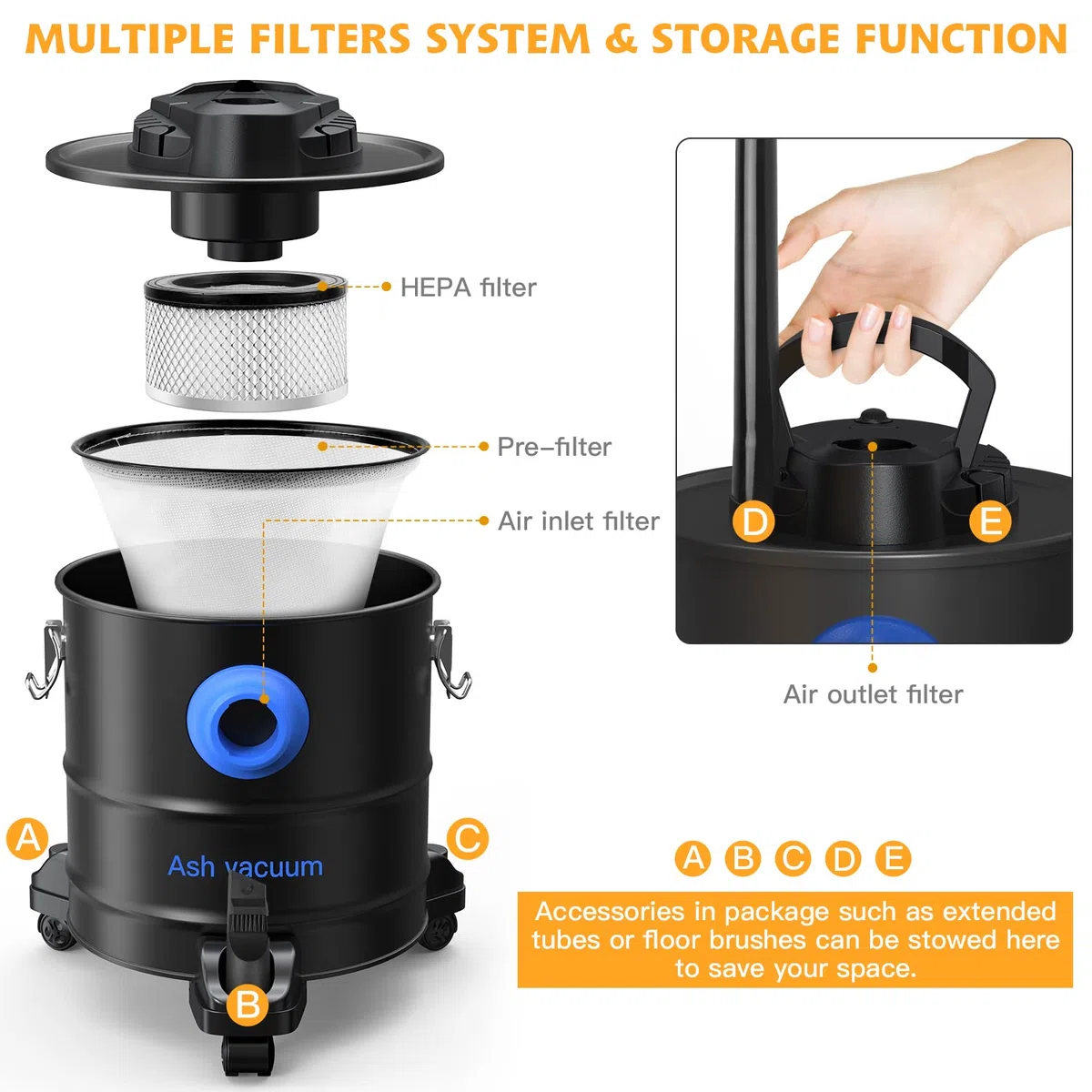 Aspirapolvere per ceneri per camino, aspirapolvere industriale con sistema a doppio filtro, 4 tipi di testine di rimozione cenere, aspirapolvere, 20 litri di capacità, in acciaio inox,