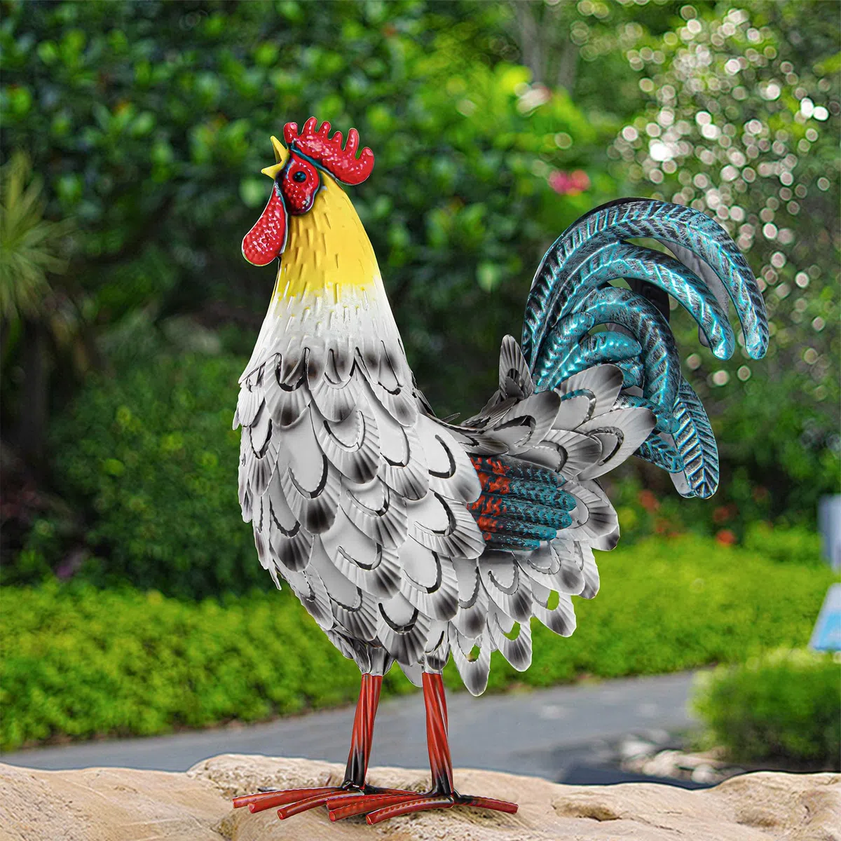 Statua esterna del rubinetto in metallo, decorazione del pollo del giardino, cortile sculture d'arte per cucina fattoria cortile giardino prato arredamento (bianco)