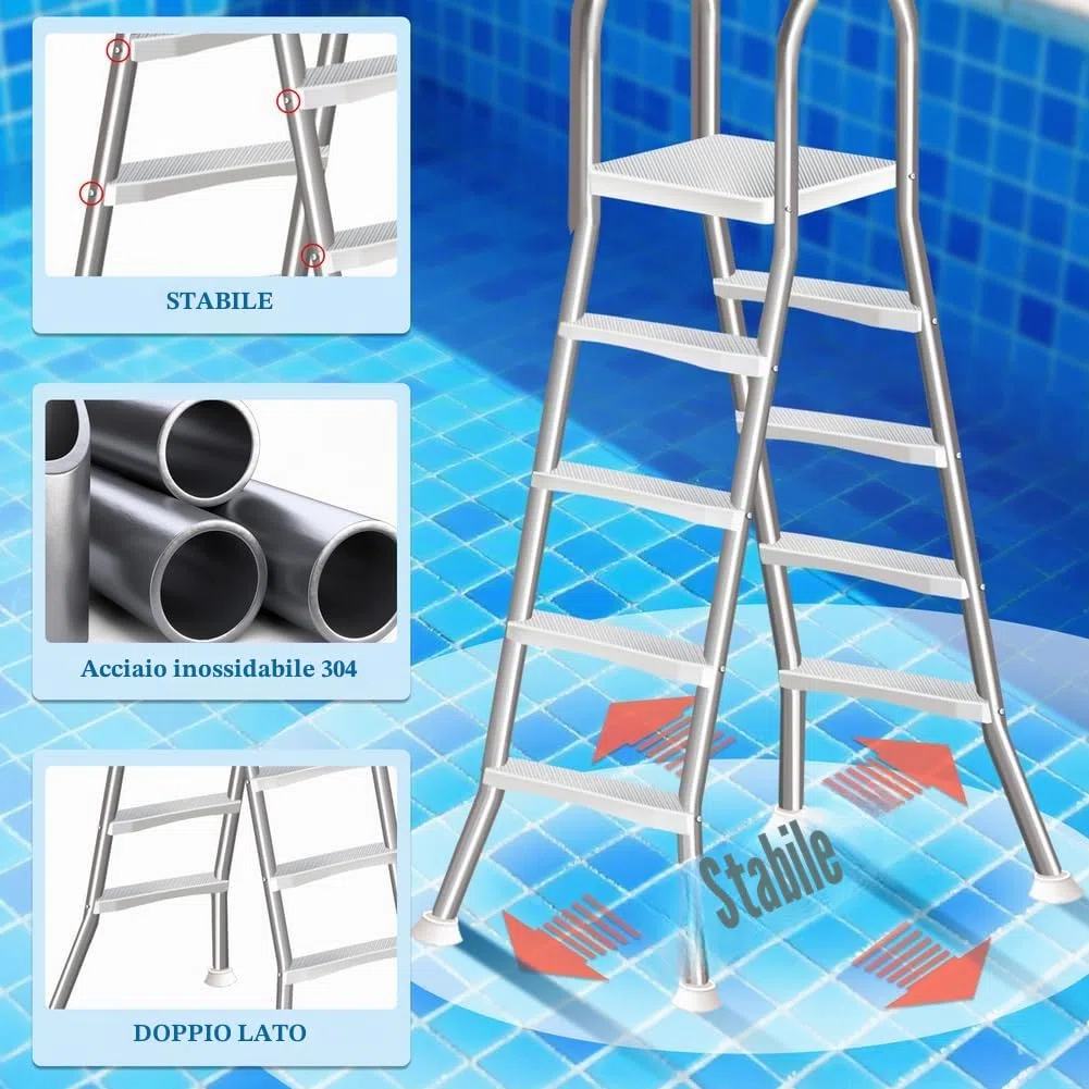 Scaletta Piscina Fuori Terra 132 a Doppia con 4 Gradini in Acciaio, Scala per Piscina Fuori Terra, Gradini per Piscina Fuori Terra, capacità di 250 kg