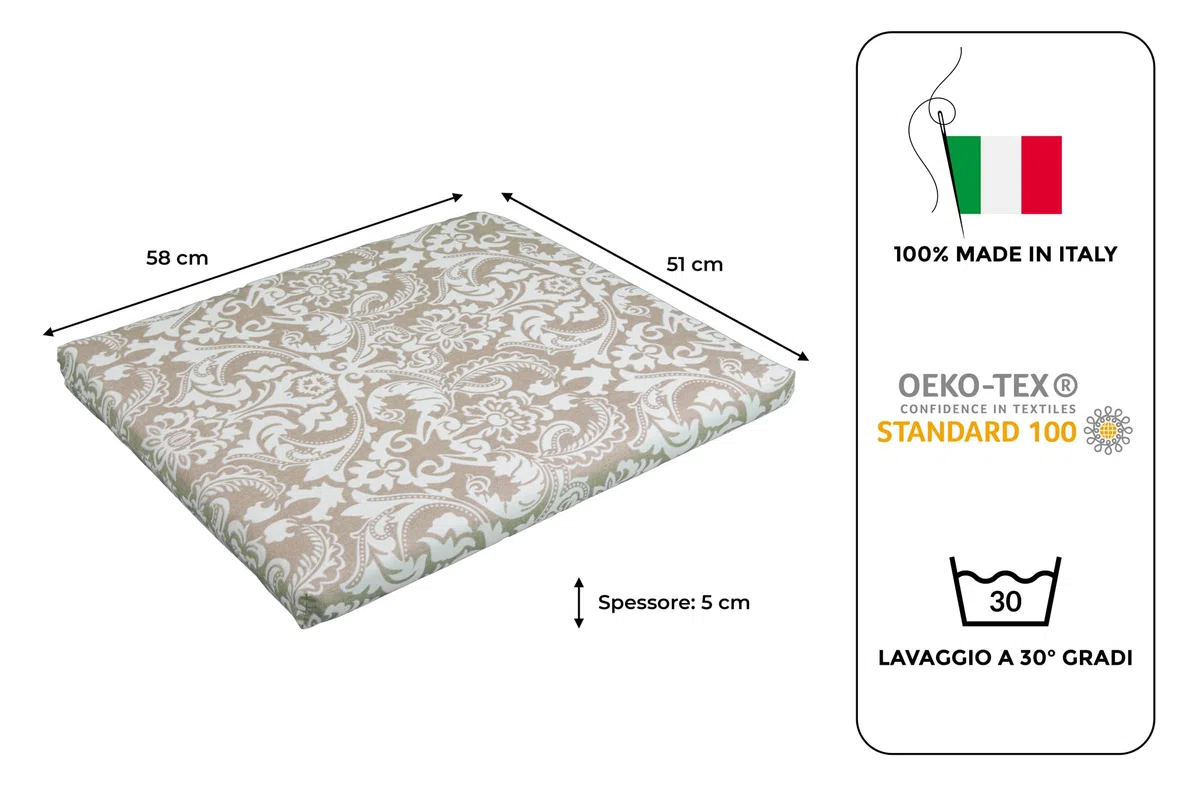 GHIOCUSCINI | Set di 4 Cuscini da Esterno per Salottino in Rattan, Fantasia DAMASCO, Tessuto Cotone/Poliestere, Sfoderabile, 58 x 51 cm, Alto 5 cm, Made in Italy