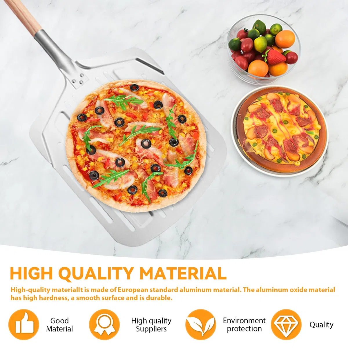GBKDQQ Pala per pizza, 135 cm, pala per pizza, forata, grande cursore per pizza, in alluminio con manico lungo in legno rimovibile, per cucina e gastronomia