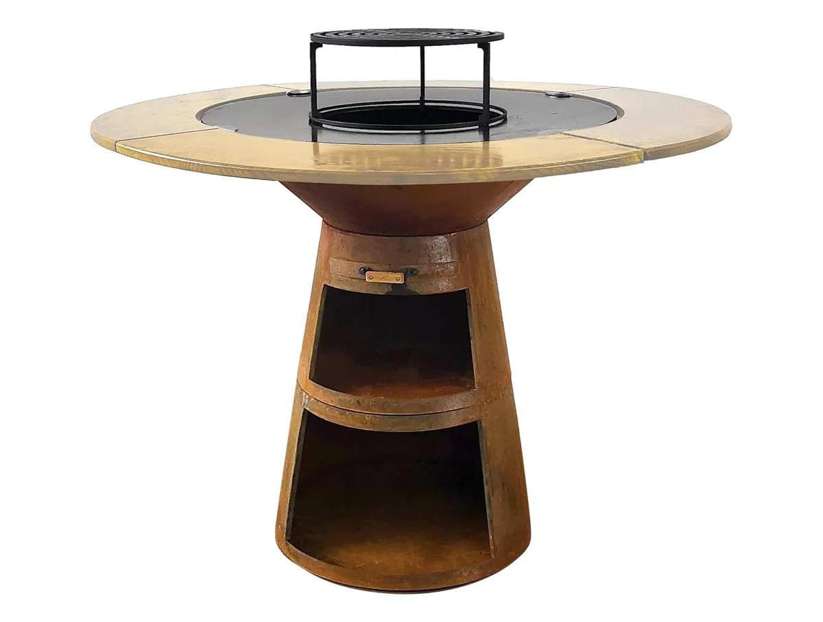 PURLINE | Barbecue rotondo con piastra in acciaio per giardino, terrazzo o patio esterno - Griglia circolare con bordo perimetrale in legno naturale e ampia superficie di cottura (EFP59CO WOOD)