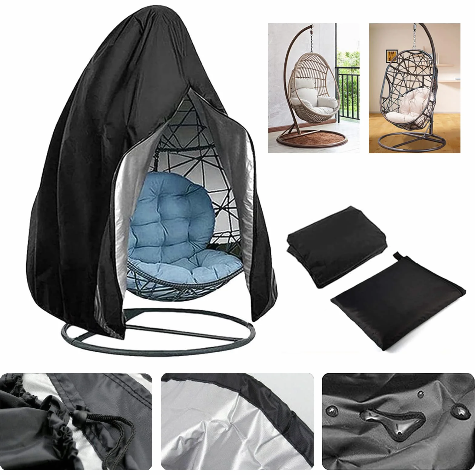 Copri Sedia da Giardino Pensile per Uova in Rattan per Esterni Sedia da Altalena in Vimini Impermeabile Antipolvere per Mobili da Giardino con Cerniera, 190x115 cm (Nero)