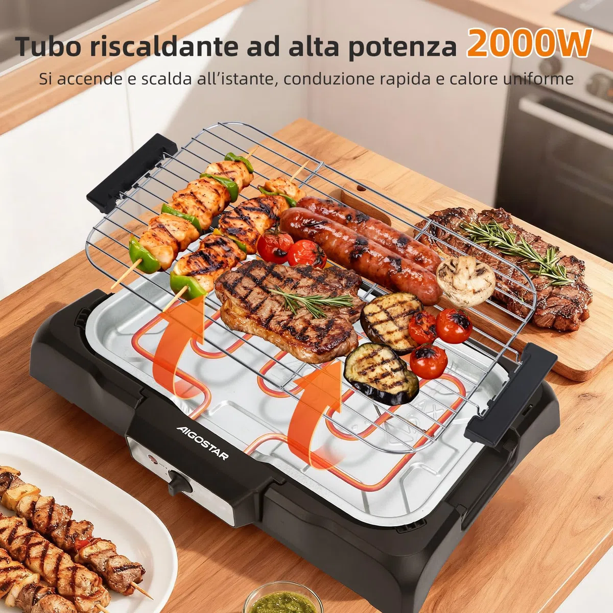 Aigostar Griglia Barbecue Elettrica da Tavolo, Griglia per Feste, Termostato Regolabile, Cottura Lenta e Rapida, Potenza 2000 W, Nero
