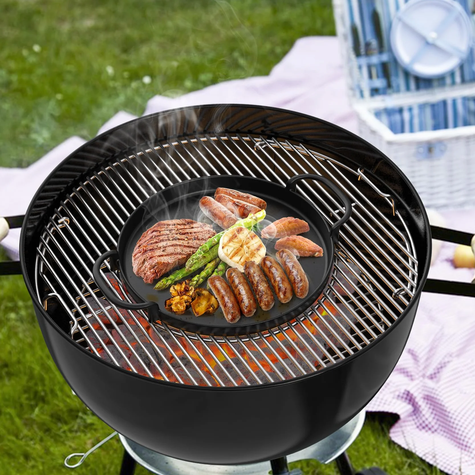 Onlyfire Piastra in ghisa per 57 cm Weber Original Kettle Premium Griglia a carbone | Gourmet Barbecue Sistema Ø 30.5cm, Inserto bbq Piastra per weber 7421