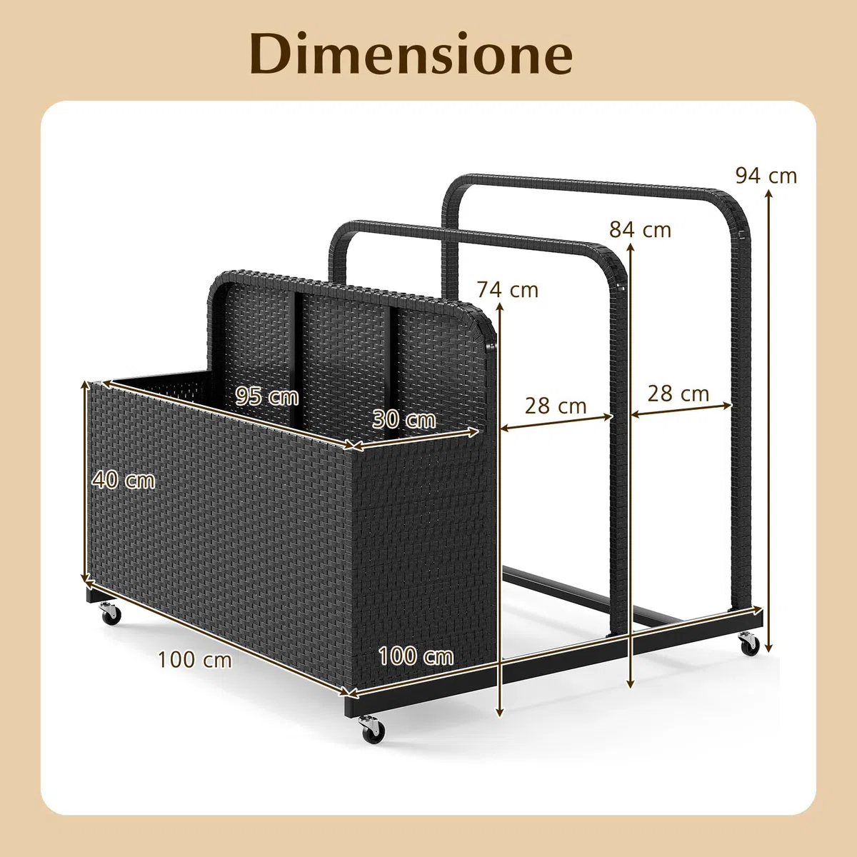COSTWAY Carrello Archiviazione per Piscina in Rattan PE, Contenitore Esterno Impermeabile con 2 Portasciugamani e 4 Ruote, Portacoperte Giardino per Boe, Salvagenti, Cuscini e Asciugamani (Nero)