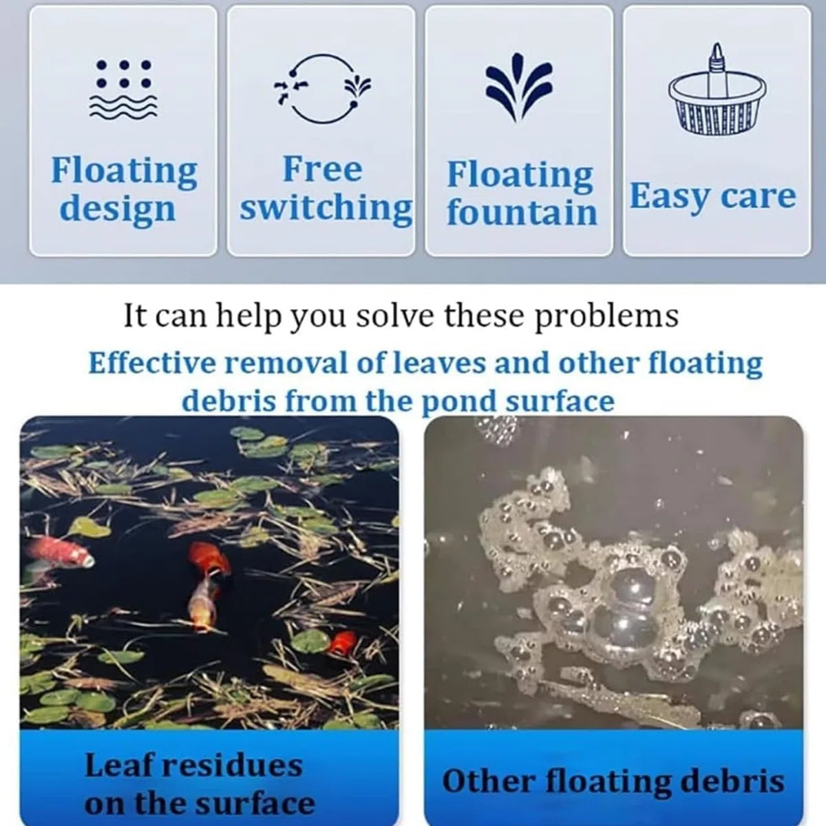 Skimmer per laghetti, collettore di foglie galleggianti e strumento di pulizia dei rifiuti, schiumatoio a ventosa con diverse modalità di fontana per una manutenzione efficiente del laghetto in