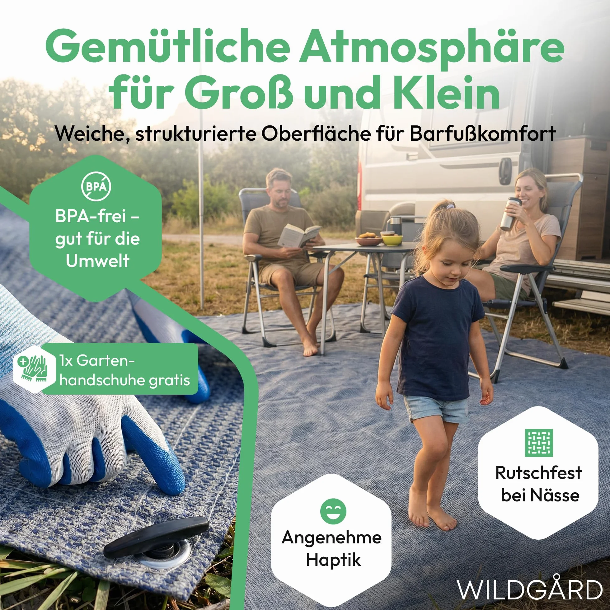 Tappeto da Esterno – Blu/Grigio – Varie Misure – Tappeto per Veranda per Campeggio/roulotte/Camper + Borsa per Il Trasporto, Guanti da Giardinaggio e 8 picchetti a T