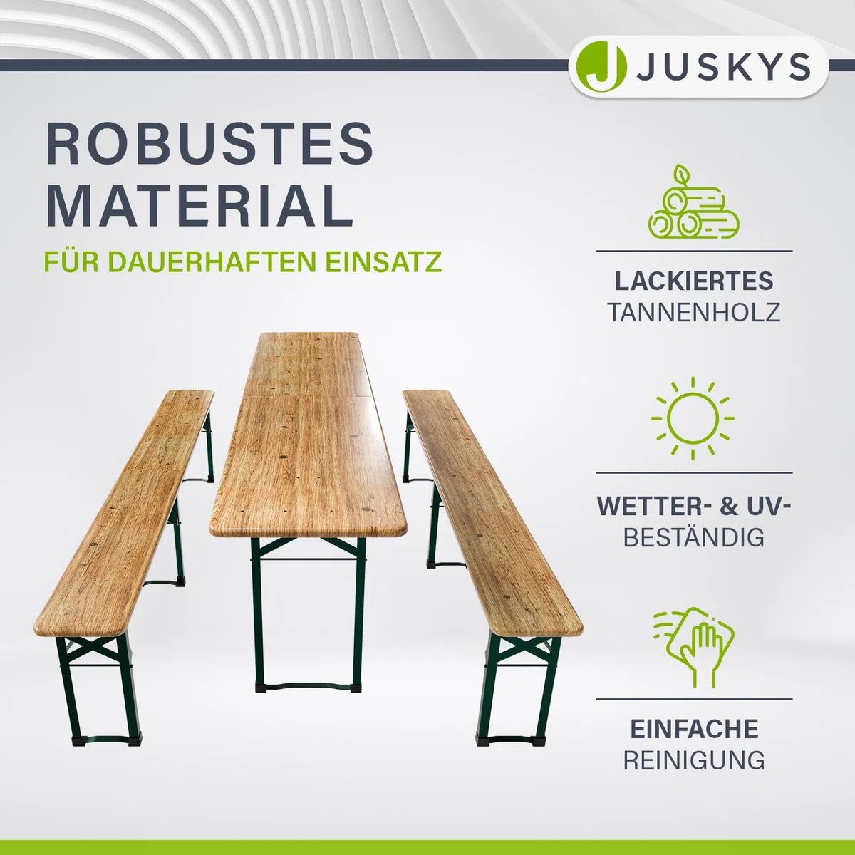 Juskys Set da giardino 3 pezzi, tavolo da birra pieghevole 220 cm e panche in legno di abete, finitura naturale, per tende da festa e uso esterno
