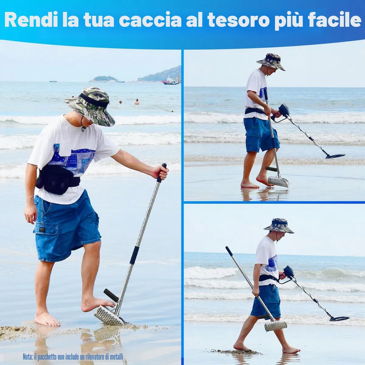 Cucchiaio di sabbia per il rilevamento dei metalli, paletta in acciaio inox con manico lungo, resistente e durevole, ideale per caccia al tesoro in riva al mare