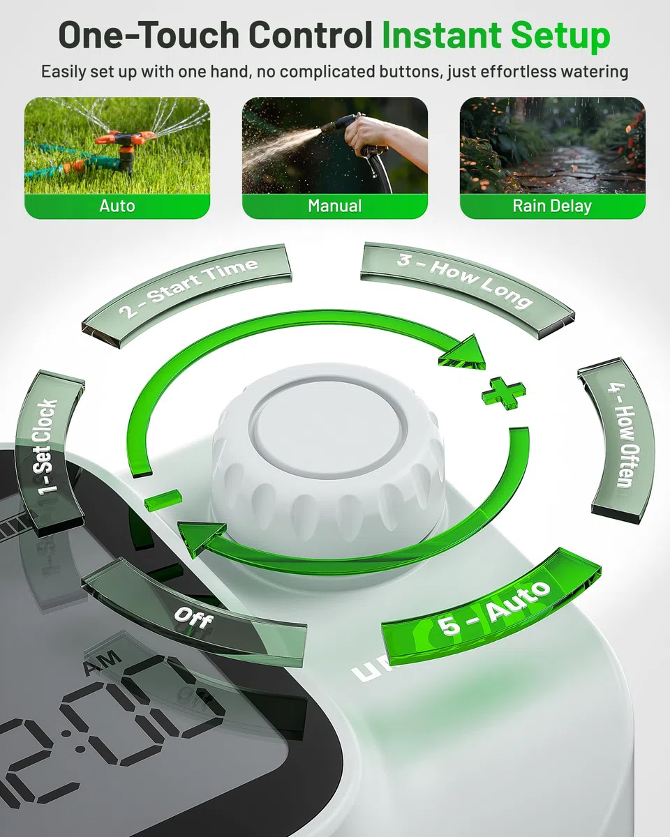 Unistyle Timer per irrigazione con ingressi in ottone, timer programmabile per acqua per tubo da giardino, timer impermeabile IP55 con timer di irrigazione manuale e automatico per cortile e prato