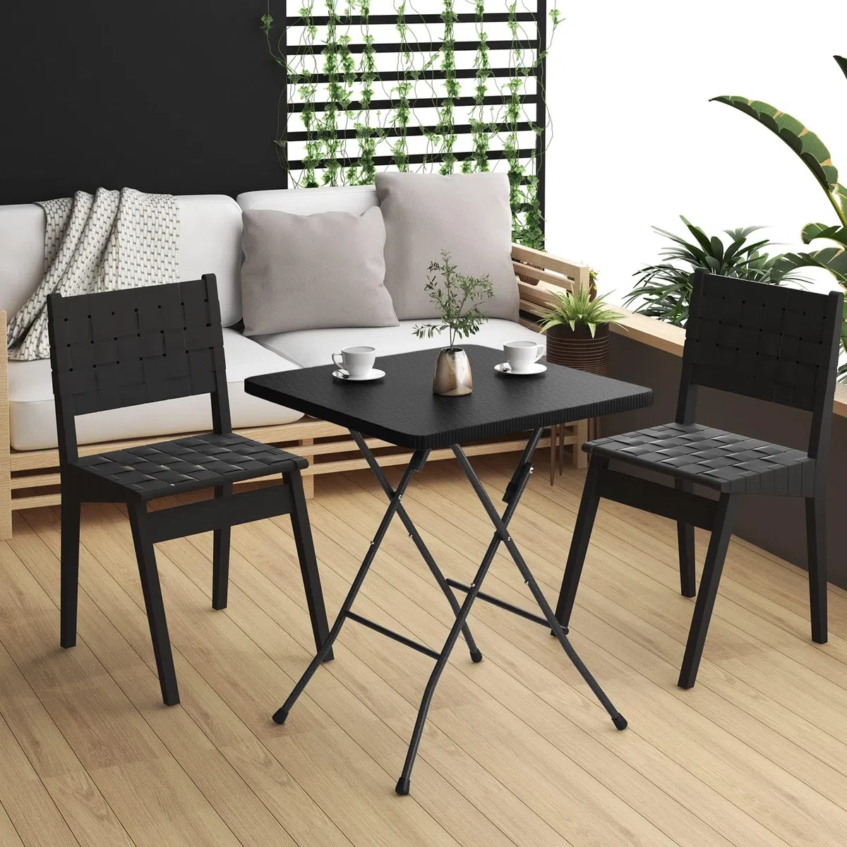 eSituro Tavolo Pieghevole da Balcone, 61x61x73cm, Tavolino da Esterno in Stile Rattan, Tavolo Richiudibile Salvaspazio con Struttura in Metallo, per Giardino, Terrazza, Nero