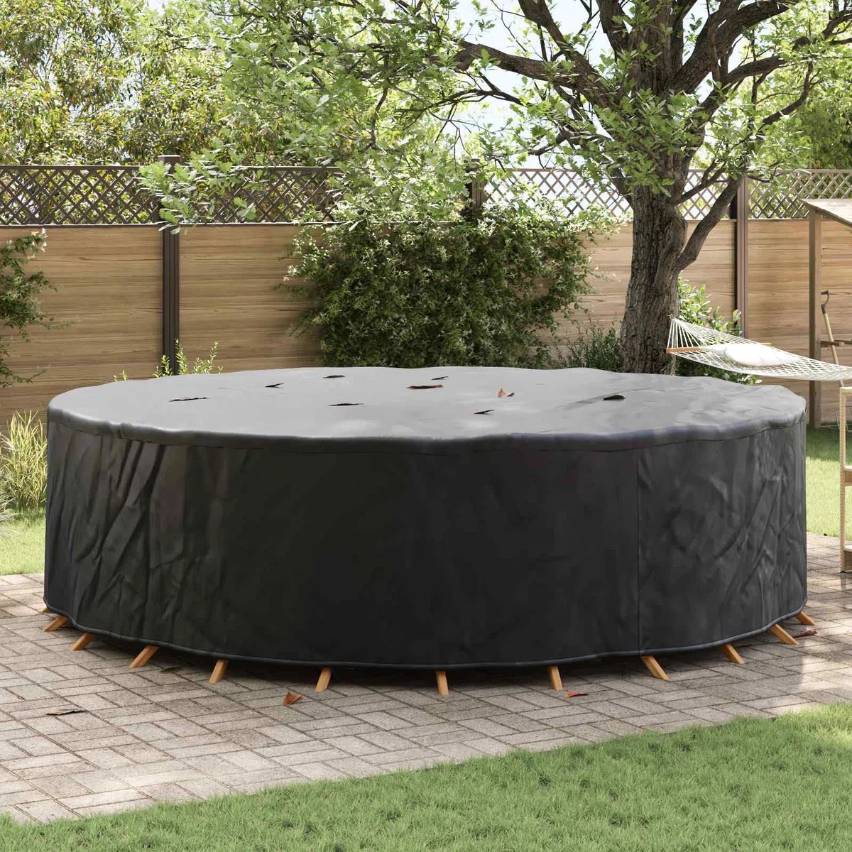 Custodia rotonda impermeabile nera 320 x 320 x 71 cm tessuto Oxford | Chiusura a pressione, cuciture rinforzate, borsa per il trasporto inclusa, per giardino terrazzo patio